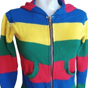 XS Vintage Hoodie Sweater Women's Rainbow Striped Knit Zip-Up Pockets 70's Hippy